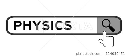 Search banner in word physics with hand over magnifier icon on white background 114030451