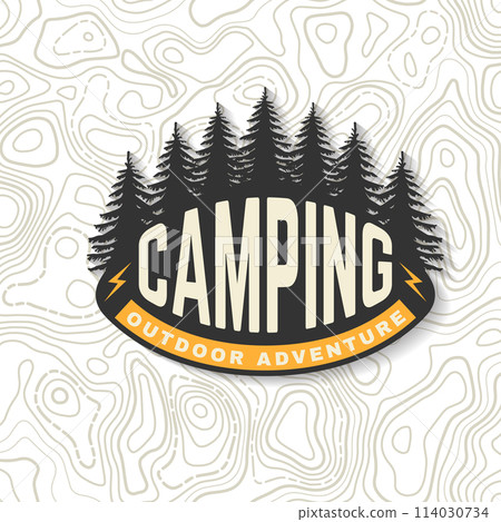 Camping outdoor adventure. Vector. The images are created without the use of any artificial intelligence software at any stage. Vintage typography design with forest silhouette 114030734