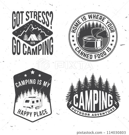 Set of camping related typographic quote for sticker, badges, patches . Vector illustration. Concept for shirt or logo, print, stamp or tee. Vintage typography design with forest, mountains and starry Set of camping related typographic quote for sticker, badges, patches . Vector illustration. Concept for shirt or logo, print, stamp or tee. Vintage typography design with forest, mountains and starry 114030803