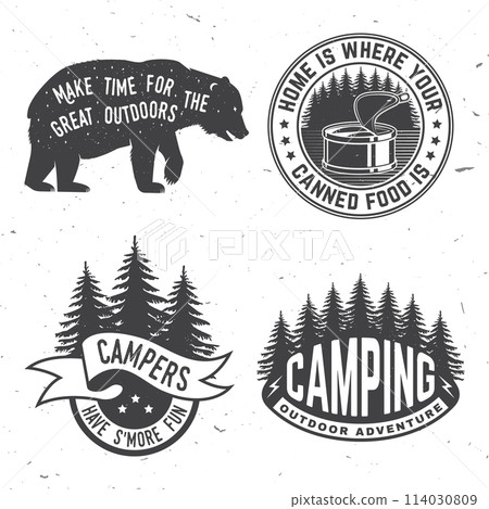 Set of camping related typographic quote for sticker, badges, patches . Vector illustration. Vintage typography design with forest, mountains, canned fish, bear and starry night sky silhouette 114030809