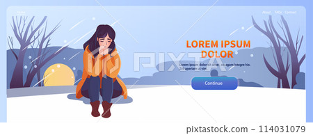 depressed woman sitting on snow in dark forest sad girl suffering from psychological diseases anxiety mental health awareness month concept 114031079