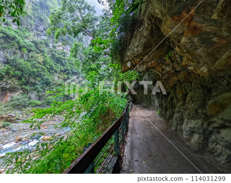 Taroko, Taiwan - 11.26.2022: Empty Shakadang Trail along cliffs and trees with Liwu River on the side in a mist during the pandemic before 403 earthquake on a rainy day Taroko, Taiwan - 11.26.2022: Empty Shakadang Trail along cliffs and trees with Liwu River on the side in a mist during the pandemic before 403 earthquake on a rainy day 114031299