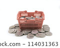 a mini japanese shopping basket filled with yen 114031363