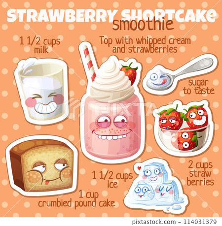 Strawberry Shortcake smoothie recipe illustration with funny characters. Milkshake ingredients icons Strawberry Shortcake smoothie recipe illustration with funny characters. Milkshake ingredients icons 114031379