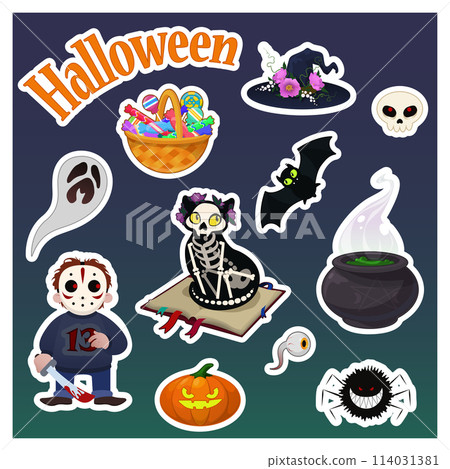 Halloween stickers in cartoon style on dark background. 114031381