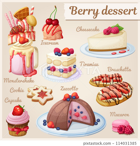 Berry dessert collection. Cartoon style icons. Strawberry, raspberry, blueberry and cherry sweet food illustration set. 114031385