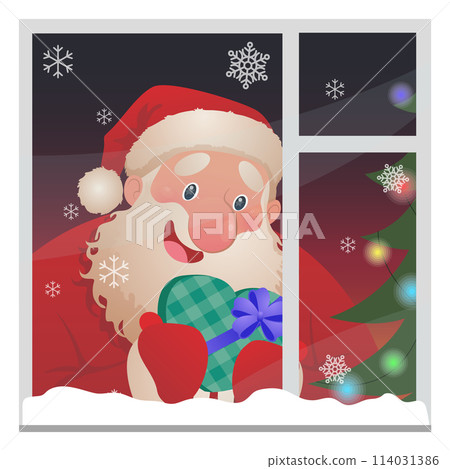 Happy cute Santa Claus character in the window with a gift box in hands. illustration for Christmas 114031386