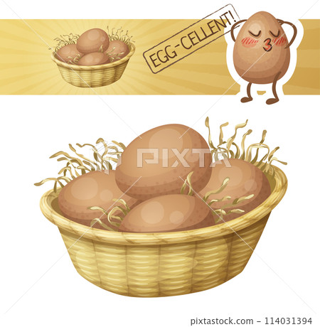 Chicken eggs in basket icon. illustration with cute cartoon egg charatcer 114031394