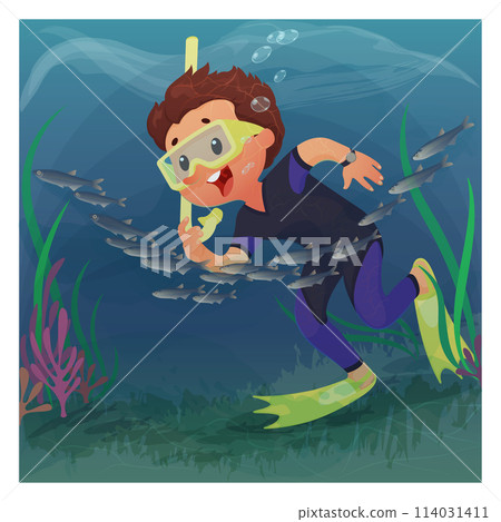 Diver boy in mask snorkeling underwater. Cartoon illustration 114031411