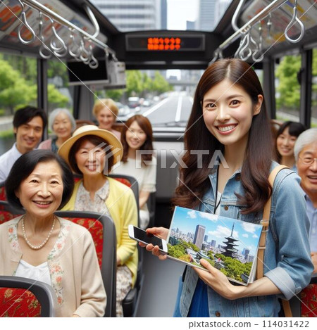 乘坐巴士觀光的外國女性導遊和巴士導遊 114031422