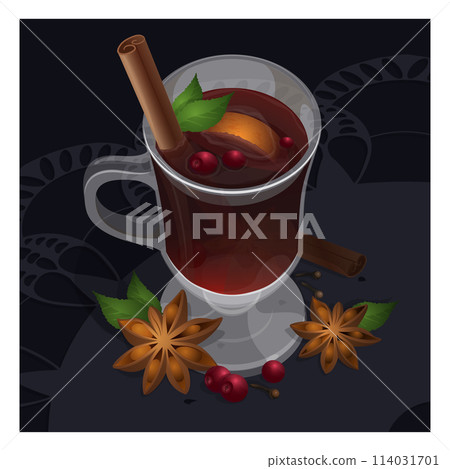 Mulled wine in the glass vector illustration. Warm drink design for menu 114031701
