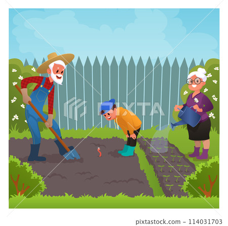 Cute kid in the garden with grandfather and grandmother. Child working in the garden with grandparents cartoon vector illustration 114031703