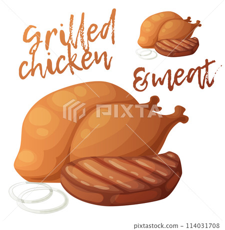 Grilled chicken and meat icon. Cartoon vector illustration of barbecue meat isolated on white background 114031708