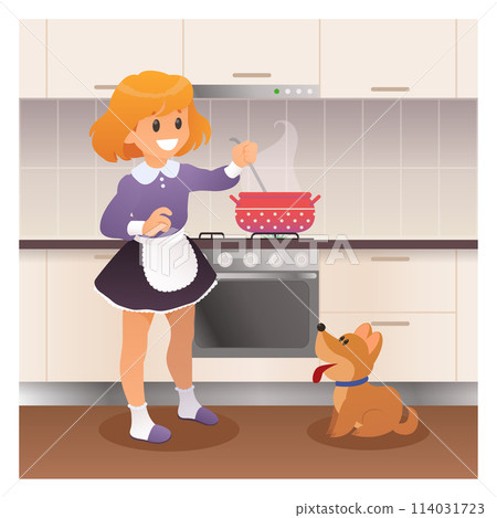 Girl cooking dinner with her dog pet. Cartoon vector illustration of kid preparing food at the kitchen at home 114031723