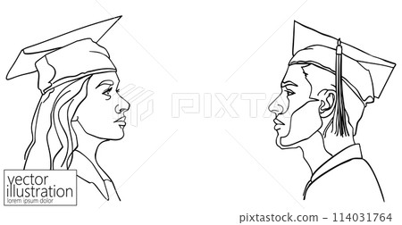 Single continuous line art graduation man and woman. Celebration ceremony master degree academy graduate design one sketch outline drawing vector illustration art 114031764
