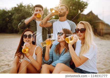 Group of friends cheers and drink beers on the beach. Young friends relaxing and having picnic. Suummertime. 114031777