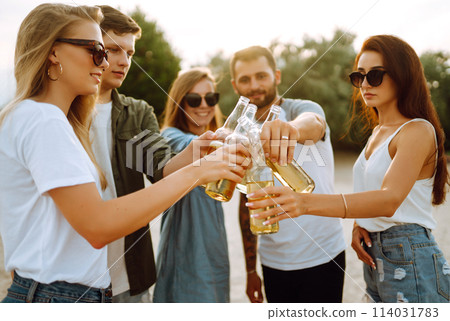 Group of friends cheers and drink beers on the beach. Young friends relaxing and having picnic. Suummertime. Group of friends cheers and drink beers on the beach. Young friends relaxing and having picnic. Suummertime. 114031783