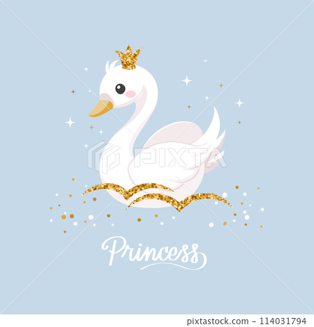Little swan princess with a golden crown on a blue background. Cute illustration for fashion print, greeting cards, nursery bedroom decoration. Vector Little swan princess with a golden crown on a blue background. Cute illustration for fashion print, greeting cards, nursery bedroom decoration. Vector 114031794
