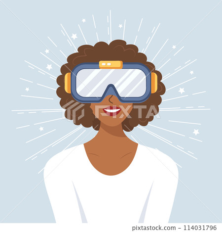 Girl looking through virtual reality goggles. Modern woman in futuristic glasses. Girl working with VR headset. Illustration, vector 114031796