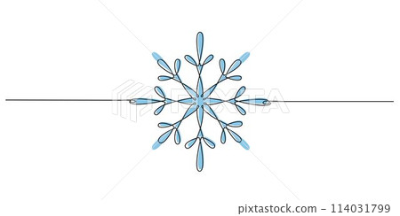 Christmas winter snowflake - one single continuous line. Vector stock hand drawing illustration isolated on white background for design template winter decoration greeting card. Editable stroke. EPS10 Christmas winter snowflake - one single continuous line. Vector stock hand drawing illustration isolated on white background for design template winter decoration greeting card. Editable stroke. EPS10 114031799