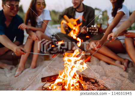 Fried sausages on bonfire. Group of young friends sitting on beach and fry sausages. Camping time. Fried sausages on bonfire. Group of young friends sitting on beach and fry sausages. Camping time. 114031945