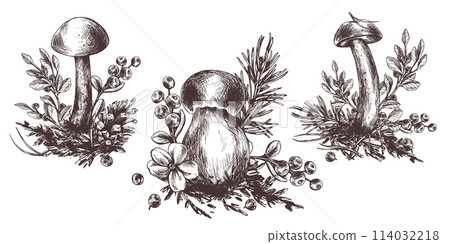 A set of forest mushrooms, boletus, chanterelles and blueberries, lingonberries, twigs, cones, leaves. Graphic illustration hand drawn in black ink. EPS vector. 114032218