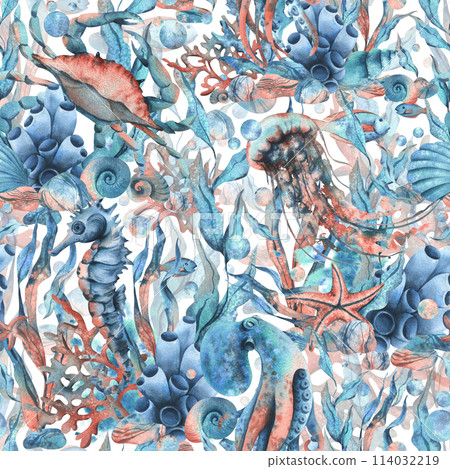 Underwater world clipart with sea animals whale, turtle, octopus, seahorse, starfish, shells, coral and algae. Hand drawn watercolor illustration. Seamless pattern on a white background 114032219