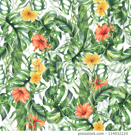 Tropical palm leaves, monstera and flowers of plumeria, hibiscus, bright juicy. Hand drawn watercolor botanical illustration. Seamless pattern on a white background. Tropical palm leaves, monstera and flowers of plumeria, hibiscus, bright juicy. Hand drawn watercolor botanical illustration. Seamless pattern on a white background. 114032220