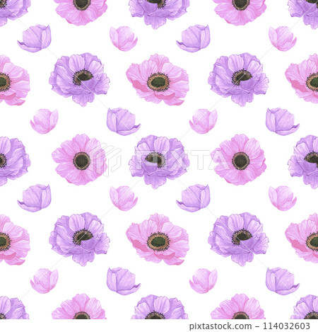 Hand drawn watercolor pink and purple anemone flowers seamless pattern isolated on white background. Can be used for textile, fabric and other printed products. Hand drawn watercolor pink and purple anemone flowers seamless pattern isolated on white background. Can be used for textile, fabric and other printed products. 114032603