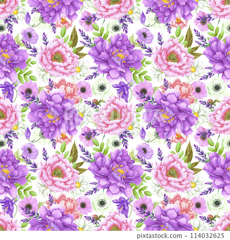 Hand drawn watercolor peony and anemone flowers bouquet seamless pattern isolated on white background. Can be used for textile, scrapbook and other printed products. 114032625