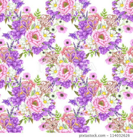 Hand drawn watercolor peony and anemone flowers bouquet seamless pattern isolated on white background. Can be used for textile, scrapbook and other printed products. 114032626