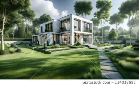 A simply designed house built in a well-maintained garden with green grass A simply designed house built in a well-maintained garden with green grass 114032685