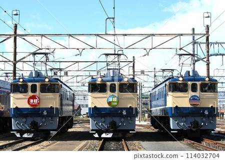 Three EF65 electric locomotives lined up at a depot (headmarks of Tsugaru and Akebono displayed) Three EF65 electric locomotives lined up at a depot (headmarks of Tsugaru and Akebono displayed) 114032704