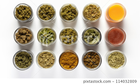 parts Cannabis arranged in clean, beautiful bottles.AI Generated 114032809
