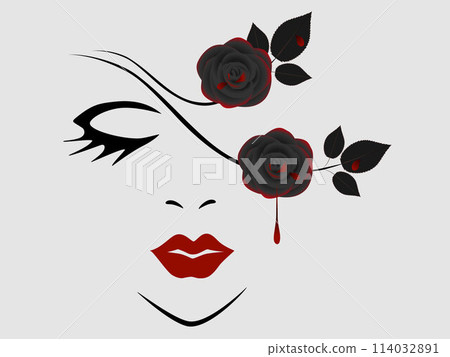Face of a girl with black roses and red drops on a gray background. 114032891