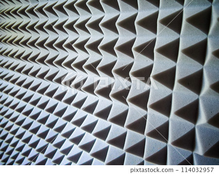 Acoustic Foam Panels. Grey pyramid-patterned panels for soundproofing and noise reduction. 114032957