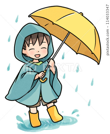 A little boy happily walking in the rain A little boy happily walking in the rain 114033347