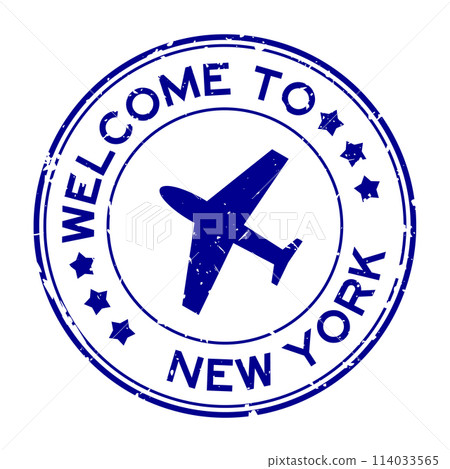 Grunge blue welcome to new york with airplane icon round rubber seal stamp on white background Grunge blue welcome to new york with airplane icon round rubber seal stamp on white background 114033565
