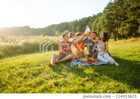 Group of happy friends cheers, drink beers on in summer park. Friendship or holliday concept. Group of happy friends cheers, drink beers on in summer park. Friendship or holliday concept. 114033625