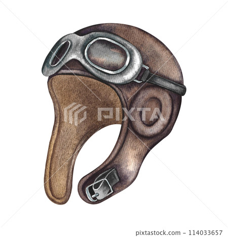 The pilot's helmet. Vintage retro illustration of an antique pilot's protective helmet, made in watercolor by hand. . Isolate it. For banners, flyers, posters. For badges, stickers and prints. 114033657