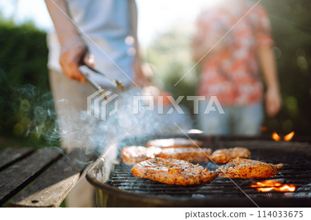 ?ompany of people gathered for barbecue in summer garden. Friend grill meat, relax. Picnic, barbecue ?ompany of people gathered for barbecue in summer garden. Friend grill meat, relax. Picnic, barbecue 114033675
