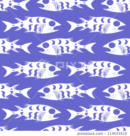 simple seamless pattern of white graphic fish on a blue background, texture, design 114033818