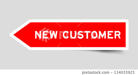 Red color arrow shape sticker label with word new customer on gray background 114033925