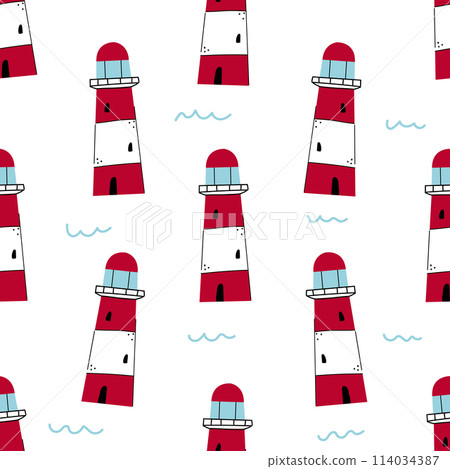 Seamless pattern with cute red and white lighthouses. Background, wallpaper, wrapping paper, fabric, texture template. 114034387