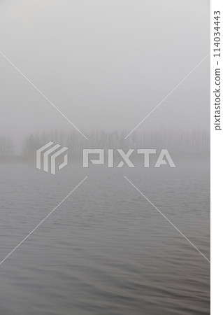 river in winter in foggy weather in the morning river in winter in foggy weather in the morning 114034443