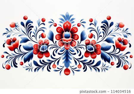 Vibrant red and blue Slovak folk embroidery 114034516