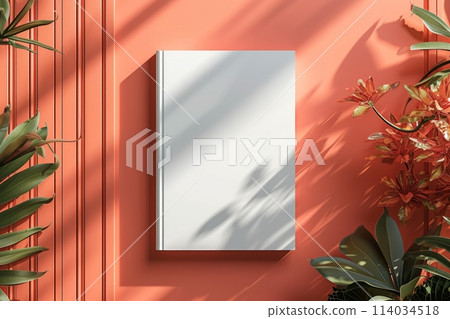 a mockup with a blank white book cover against a peach colored background 114034518