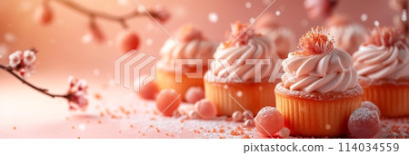 small French desserts, mini cakes, on a peach-colored background 114034559