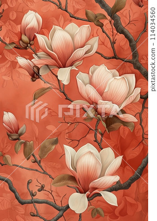 a pattern showcasing the delicate beauty of blooming magnolias on peach color background 114034560