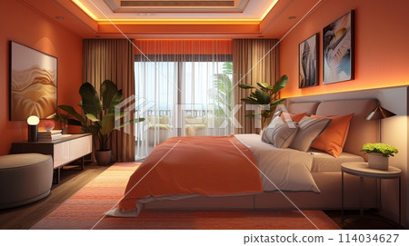 a modern bedroom adorned with a warm and inviting peach color scheme 114034627